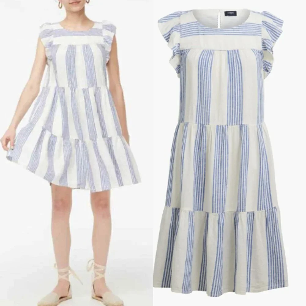 New! J Crew Linen-blend striped mini dress Ivory Brilliant Blue 18988